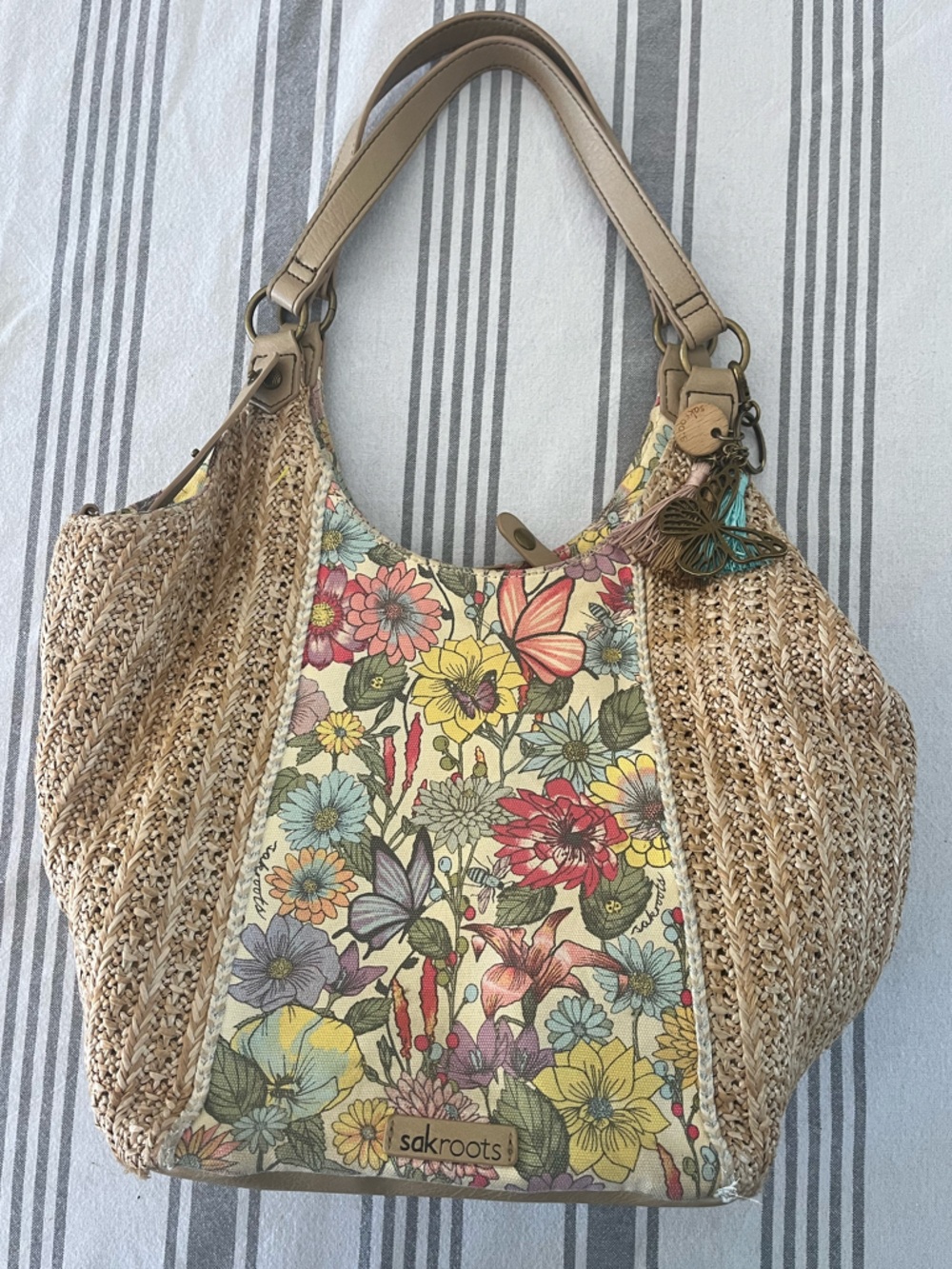 Sakroots Multicolor Floral Canvas & Woven Straw Hobo Bag Boho Spring